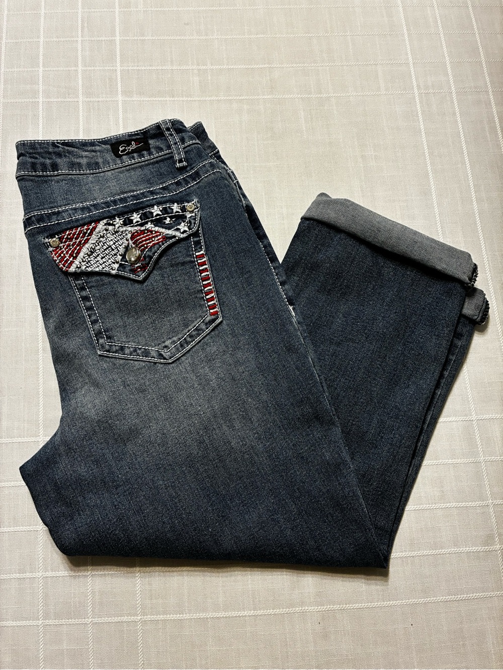 Earl Jeans Dark Wash Boyfriend Jeans with Red, White & Navy Pocket Accents